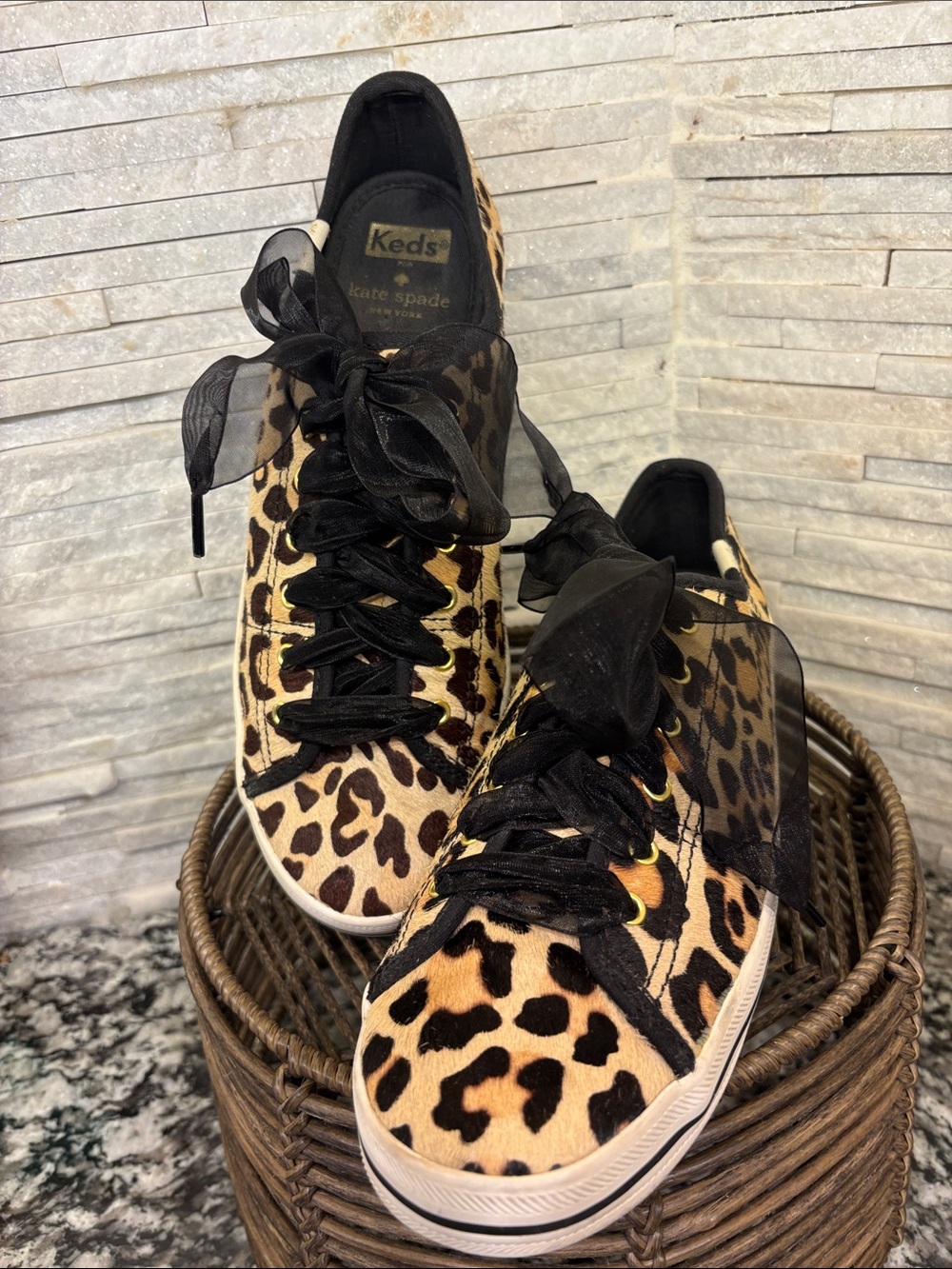 kate spade Leopard-Print Satin Ribbon Low Top Sneakers - Black, Brown, Tan